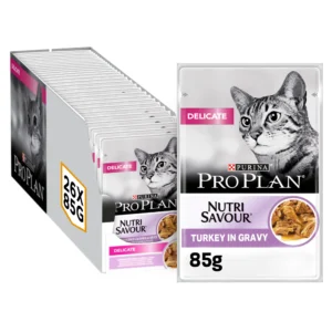 PRO PLAN DELICATE WET CAT FOOD WITH TURKEY GRILLED IN GRAVY, 26 X 85G